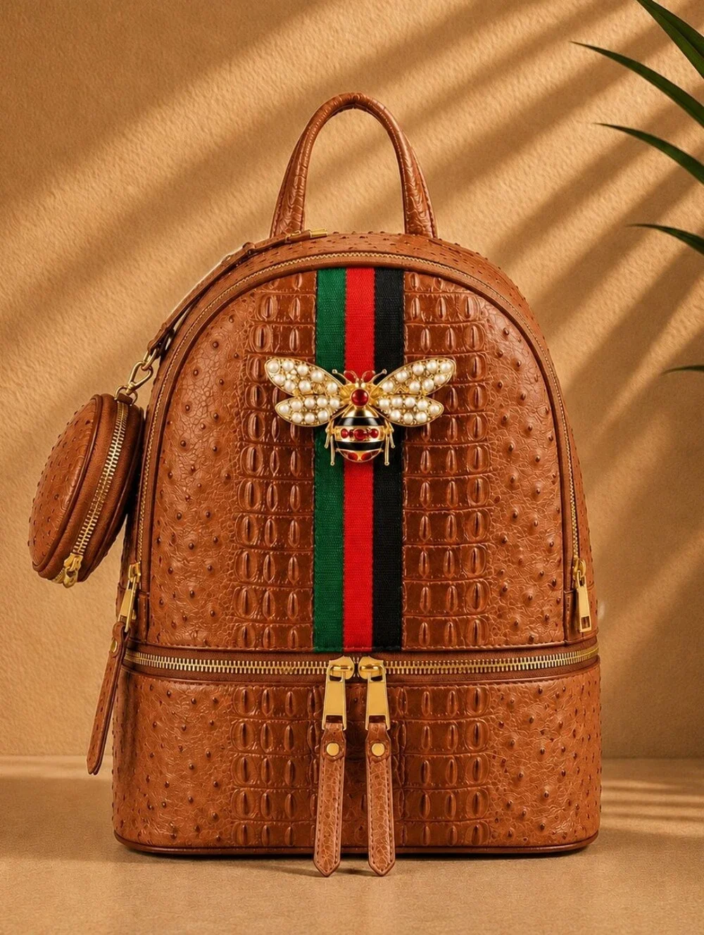 Brown Faux-Ostrich Backpack & Wallet Set with Green-Red Stripe and Bee Accent